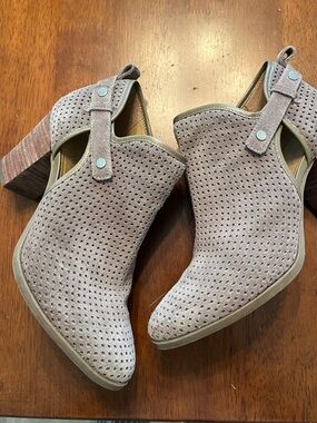Franco Sarto Perforated Suede Cutout Booties in Taupe